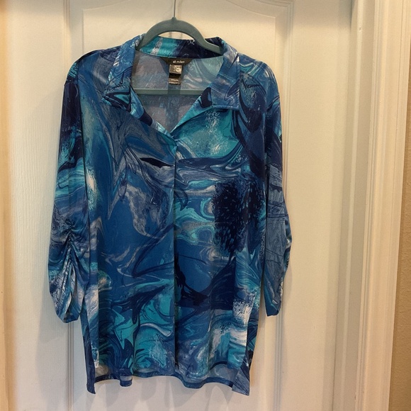 Very Colorful Ali Miles Blu and Turquoise Petite XLarge Blouse - Picture 1 of 5